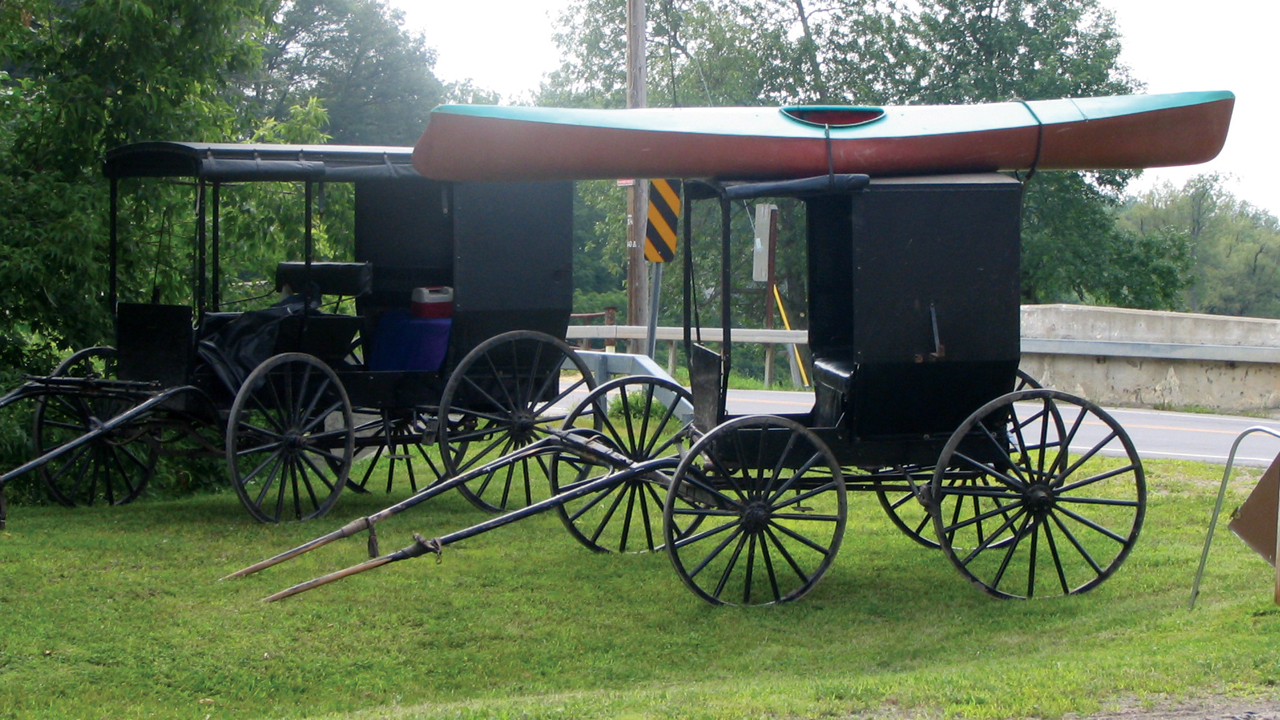 A kayak sits on a Swartzentruber Amish buggy during a fishing outing in New York. The Swartzentrubers have established a number of new settlements in New York since 1974, with a new one going in north of Albany last spring. Among the most conservative Amish groups, Swartzentruber Amish do not use reflectors or slow-vehicle orange triangles on their black buggies. — Karen M. Johnson-Weiner, SUNY Potsdam