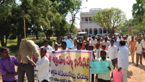 Protestors block the road to Wanaparthy Mission Bungalow with an effigy of Mennonite Brethren Church of India President P.B. Arnold in 2014 because they said he was attempting to lease the conference property to a Muslim group. — Paul Gandham