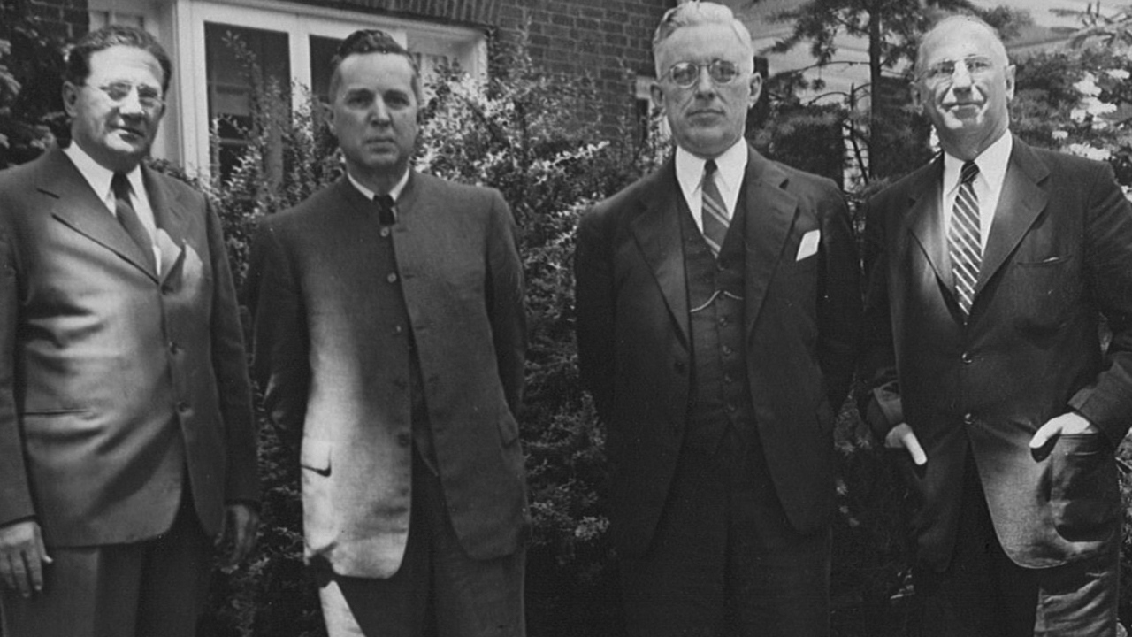 The designers of CPS: M.R. Ziegler, Church of the Brethren; Orie O. Miller, Mennonite churches; Paul Furnas, Society of Friends (Quakers); and Arthur Swift, Fellowship of Reconciliation. — Mennonite Central Committee U.S. Archives, Akron, Pa.