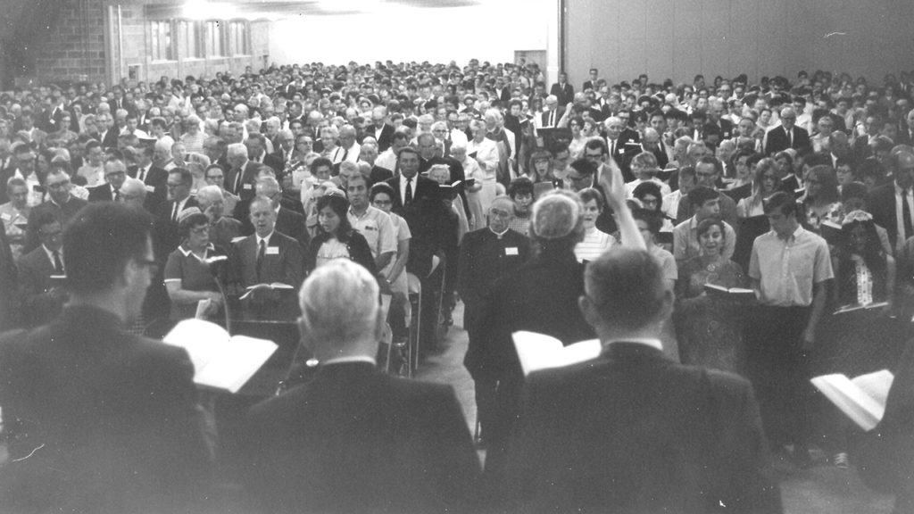 Mary Oyer leads singing at the Mennonite Church General Assembly in Turner, Ore., Aug. 15-19, 1969. — Mennonite Church USA Archives