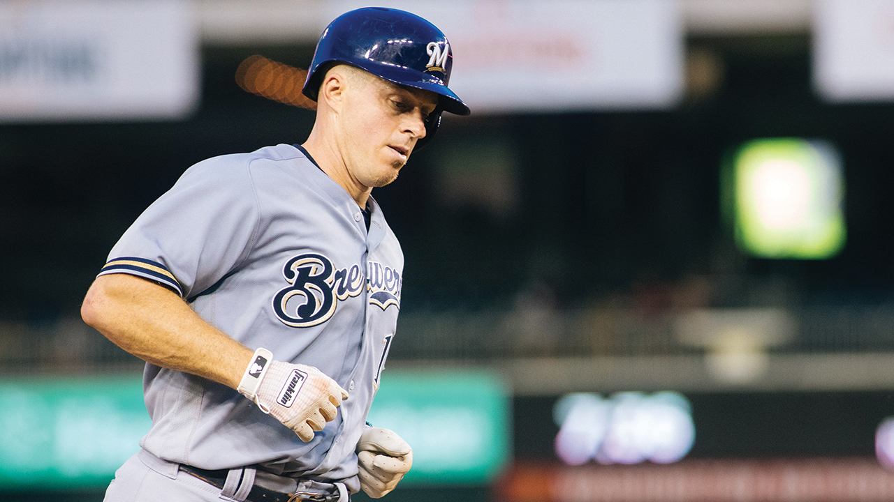 Erik Kratz rounds the bases after hitting a home run for the Milwaukee Brewers on Aug. 31, 2018, in Washington. Photo: Andrew Strack/EMU