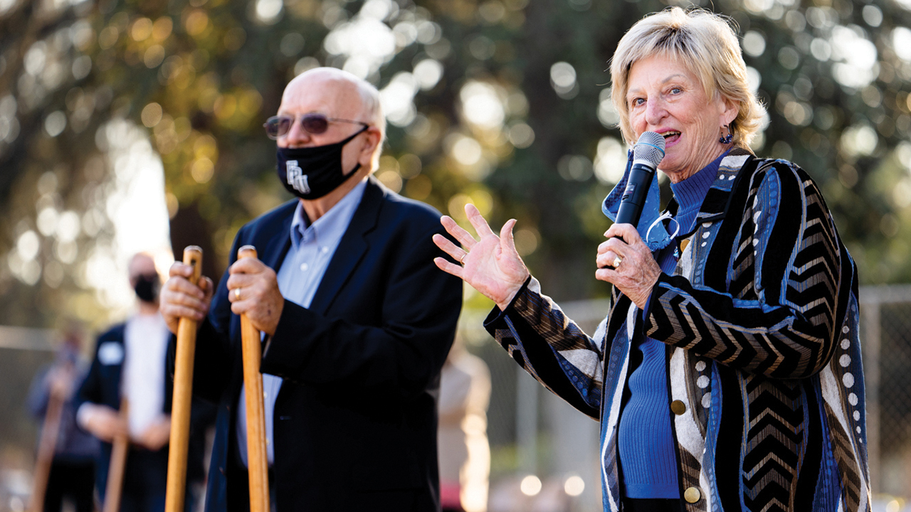 Al and Dotty Warkentine speak Nov. 15 at the groundbreaking ceremony for Fresno Pacific University’s Warkentine Culture and Arts Center. — Fresno Pacific University