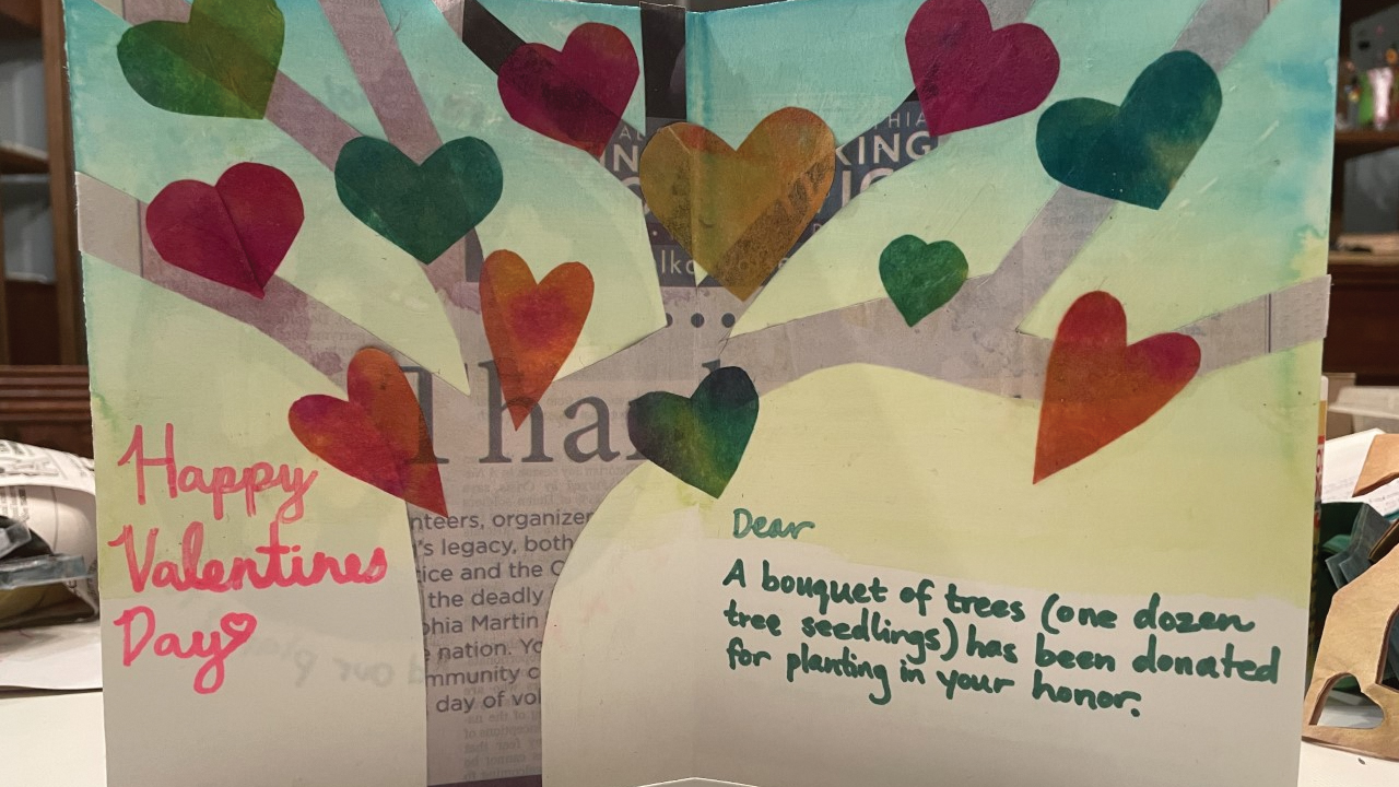 Valentine’s Day cards are created by Ambler Mennonite Church youth using recycled materials. Each heart represents one seedling planted in the recipient’s honor. — Gretchen Merryman-Lotze/Ambler Mennonite Church