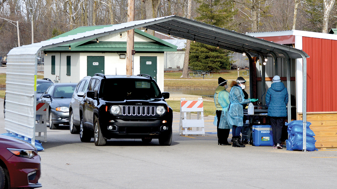 Cars line up at Shanklin Park in Goshen, Ind., for COVID-19 testing from the Center for Healing & Hope. — Missy Schrock