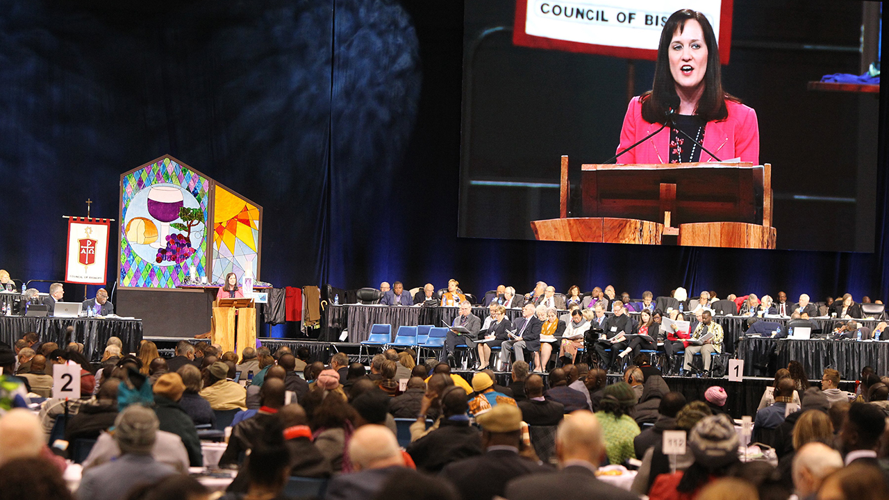 Jessica LaGrone, a member of the Commission on a Way Forward, presents the Traditional Plan during the special session of the United Methodist Church General Conference in St. Louis on Feb. 24, 2019. — Kit Doyle/RNS