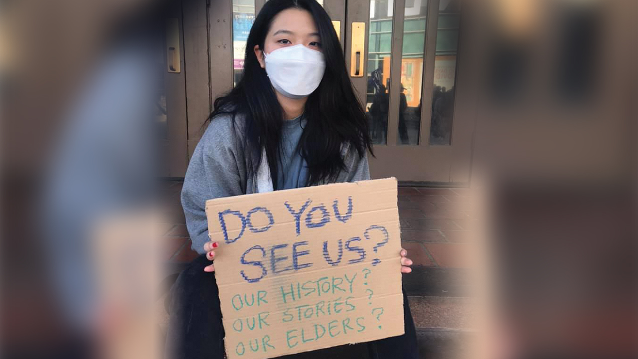 Lynn Hur, daughter of Sue Park-Hur and Hyun Hur, attends a “Love Our Communities: Collective Power” rally March 13 in Little Tokyo, Los Angeles. Representatives from ReconciliAsian attended the rally to show support and solidarity. — ReconciliAsian