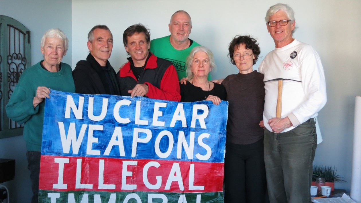 The Kings Bay Plowshares 7, from left: Elizabeth McAlister, Stephen Kelly, Carmen Trotta, Mark Colville, Martha Hennessy, Clare Grady and Patrick O’Neill. Photo: Kings Bay Plowshares 7