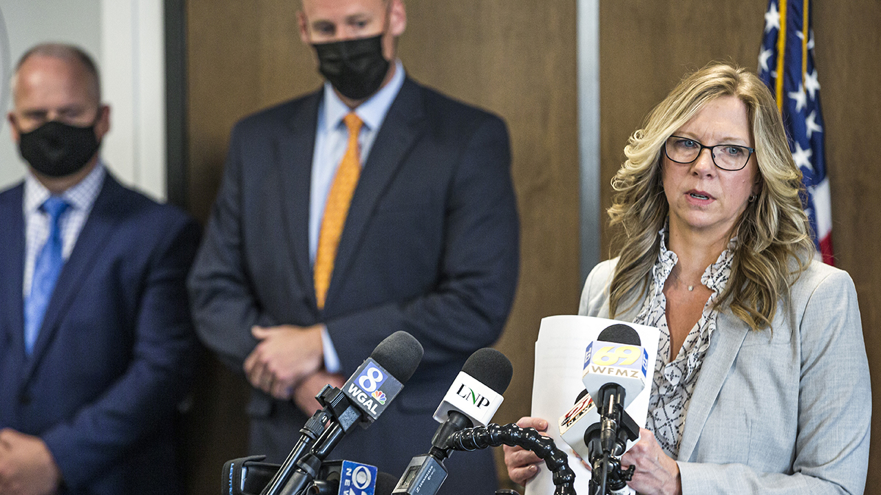Lancaster County District Attorney Heather Adams briefs the media on the Linda Stoltzfoos case during a news conference at the Lancaster County courthouse April 22 in Lancaster, Pa. (Dan Gleiter/The Patriot-News via AP)