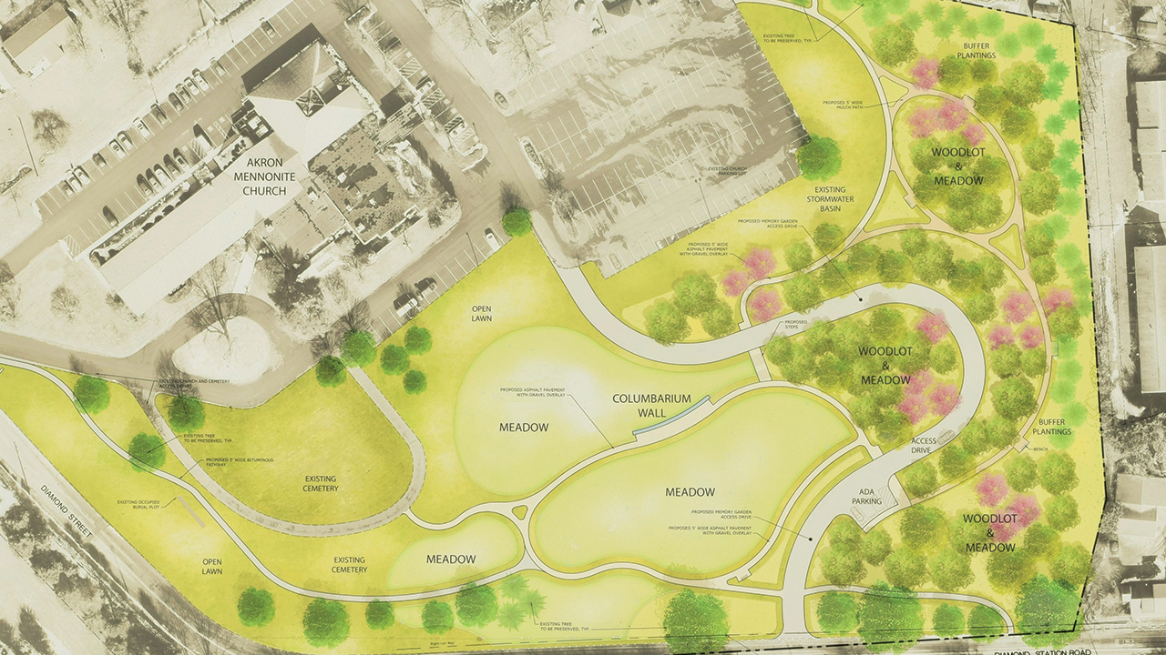 Akron Mennonite Church is hoping to transform its outdoor property into a four-acre memory garden and nature preserve, incorporating a columbarium and space for green burials. — Akron Mennonite Church