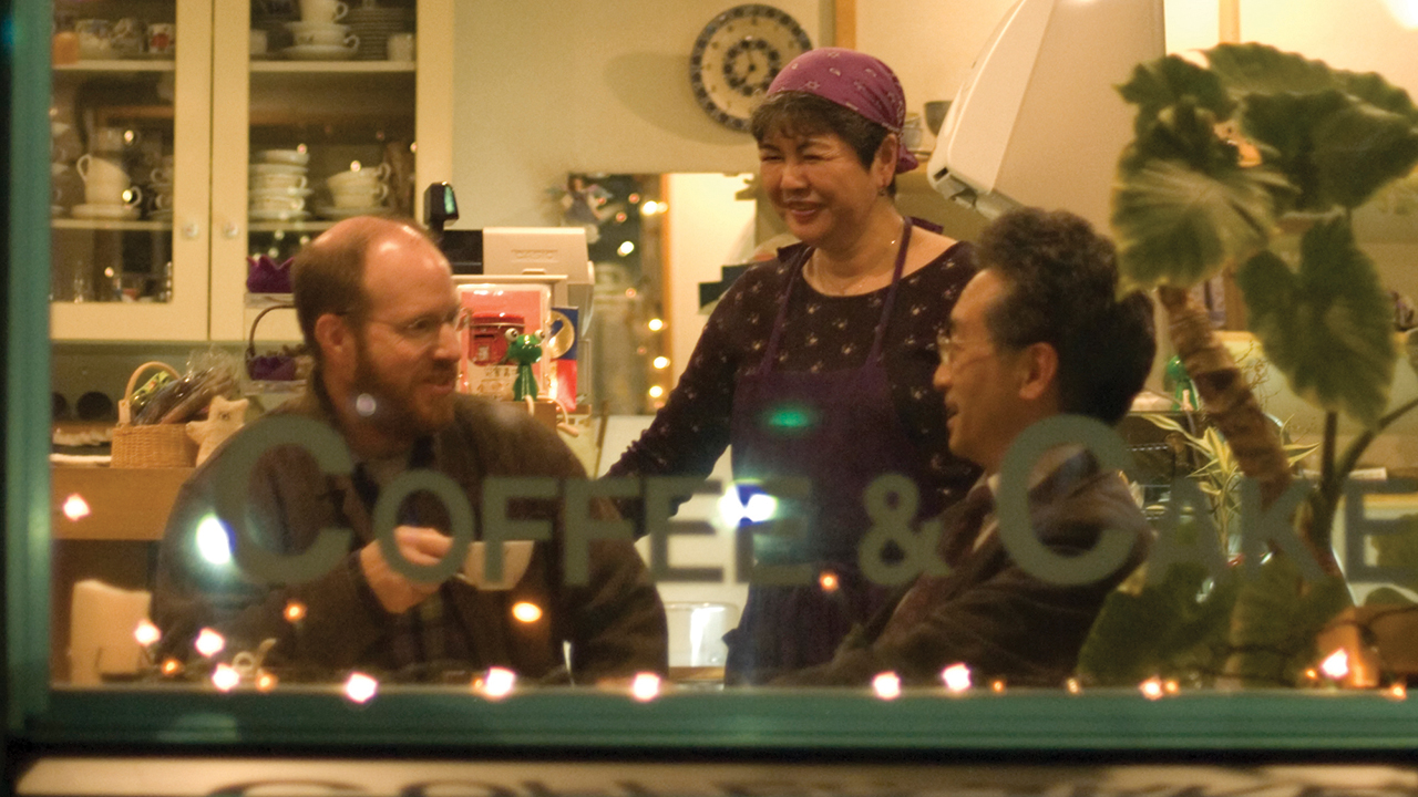 Above: Mike Sherrill visits with Serita Sensei, pastor of Grace Mennonite Church, and his wife, Kyoko San, in the café the couple ran at the Fukuzumi Mennonite Center in Sapporo, Japan, in 2006. Serita Sensei continues as pastor; both he and Kyoko San retired from the café and closed it a few years ago. — David Fast/MMN