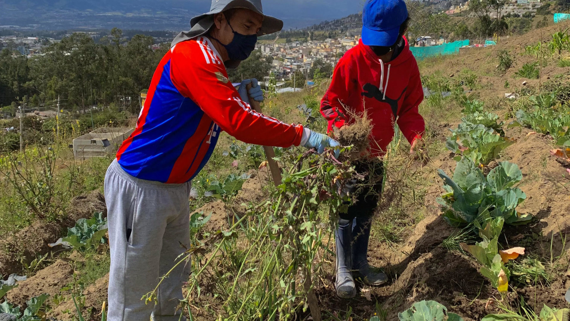 Juanka de la Cruz y Benjamín Zambrano en el huerto de la Iglesia Cristiana Anabautista Menonita de Quito.