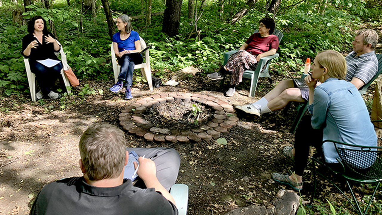 Katerina Friesen, left, coordinator of the Dismantling the Doctrine of Discovery Coalition, meets with the Eighth Street Mennonite Church planning group in Goshen, Ind. Eighth Street hosted the DDofD Coalition annual gathering. — Dismantling the Doctrine of Discovery Coalition