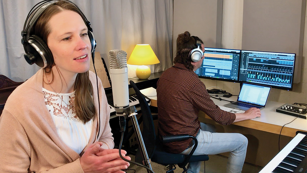 Karin Franz records a new Anabaptist worship song with her husband, Dennis Thielmann, in their studio. — Dennis Thielmann/Bienenberg Seminary