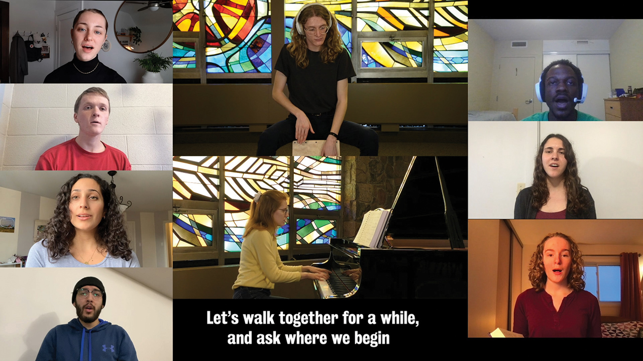 Since singing together in person wasn’t safe, Grebel offered several online ensembles. Sarah Driediger, bottom right, was able to participate in Chapel Choir, even though she lived five hours away. — Conrad Grebel University College
