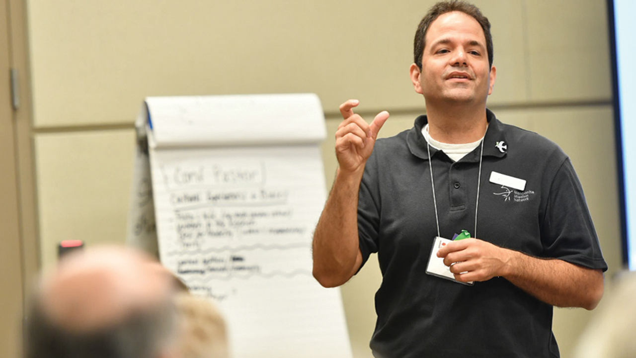 At the 2017 Mennonite Church USA convention, Jason Boone, Mennonite Mission Network minister of peace and justice, leads a seminar on “Welcoming Veterans in a Peace Church.” — Kenneth Krehbiel/MC USA