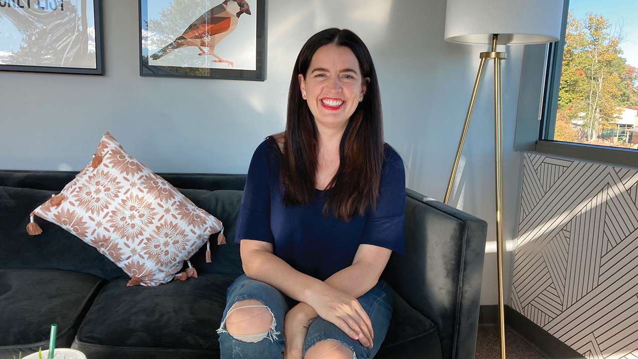 Kate Bowler in her off-campus office, where she produces her “Everything Happens” podcast. — Yonat Shimron/RNS