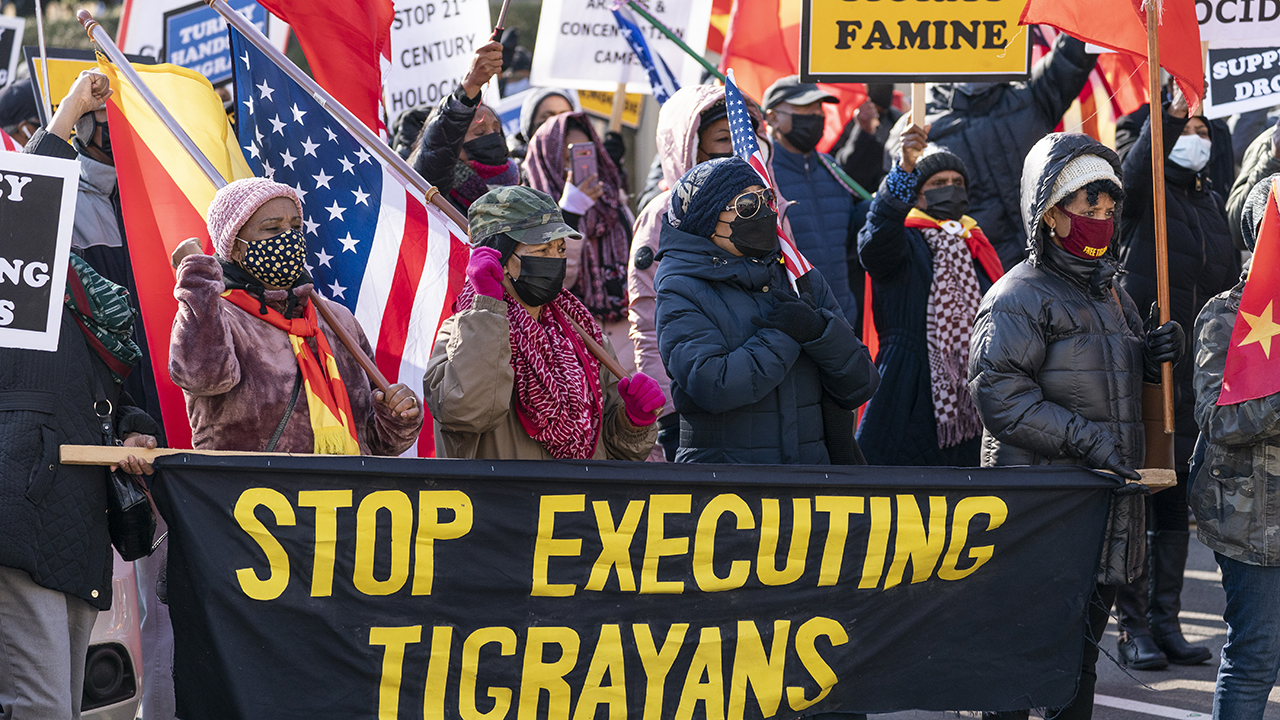 A group from the Tigrayan diaspora in North America protest about the conflict in Ethiopia, near the State Department, on Dec. 22 in Washington, D.C. Officials in Ethiopia have arbitrarily detained and forcibly disappeared thousands of ethnic Tigrayans who recently were deported from Saudi Arabia, a new Human Rights Watch report said Jan. 5. — Alex Brandon/AP