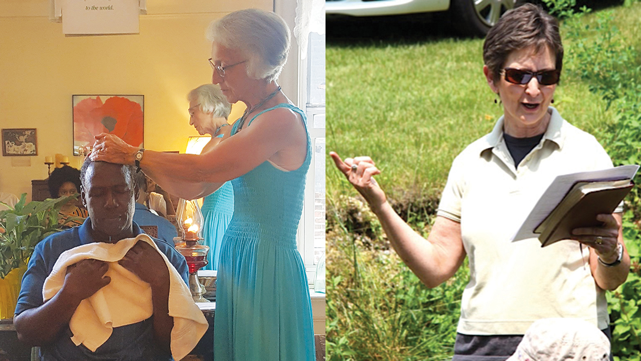 Ruth Yoder Wenger, left, baptizes Harrison “Blue” Gaynor in 2017 as lead pastor of North Bronx Mennonite Church in New York City. Jane Hoober Peifer, right, leads a Blossom Hill Mennonite Church baptism service in 2009. — Ruth Yoder Wenger and Jane Hoober Peifer