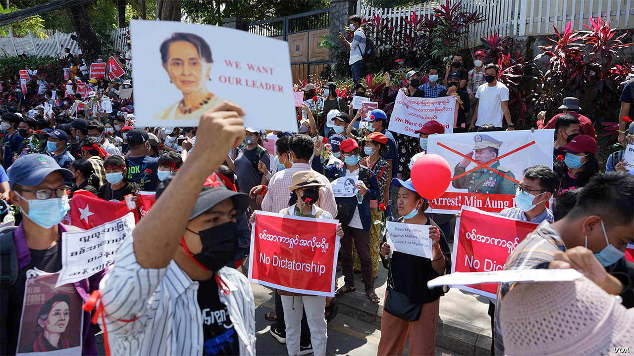 Demonstrators denounce the military coup in Myanmar in February. — Voice of America