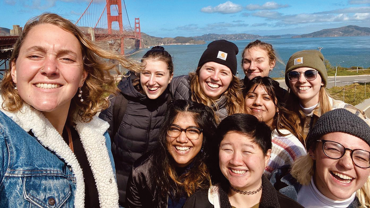Mennonite Voluntary Service participants Erin McWilliams, Anna Lubbers, Eden George, Polly Carlson, Claire Waidelich, Pamela Ortiz, Ashley Neufeld, Jillian Neufeldt and Elizabeth Breckbill in San Francisco. — Erin McWilliams/MMN