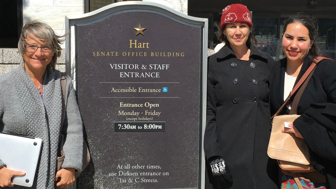Dismantling the Doctrine of Discovery founders Sheri Hostetler, left, Anita Amstutz and Sarah Augustine advocate for Indigenous justice at the Hart Senate Office Building in Washington, D.C. — Sheri Hostetler
