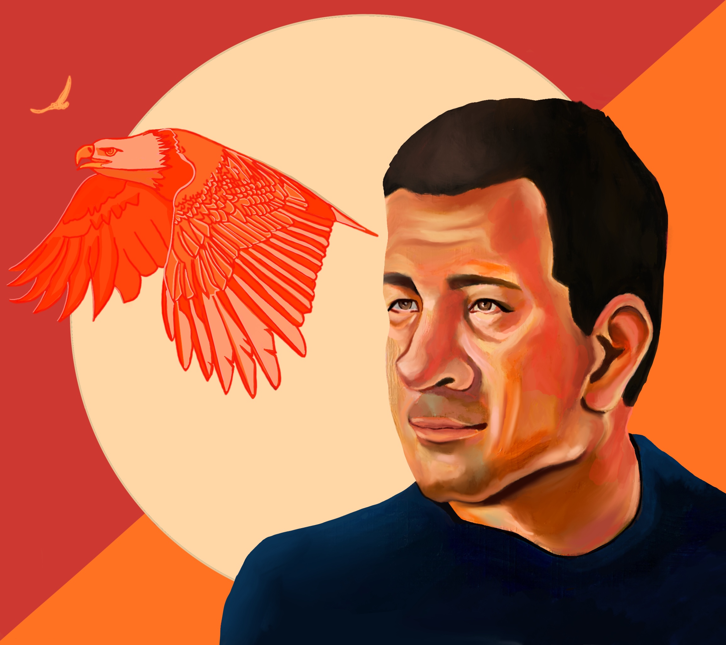 Cynthia Velazquez, artista y educadora de la comunidad del West Coast MCC, creó esta ilustración de Victor Omar. A través de su expresión facial, el retrato representa la esperanza, dignidad, alegría y valentía. El águila representa la orientación y la fuerza de Omar (Isaías 40,31); ambos miran en la misma dirección para representar la migración.