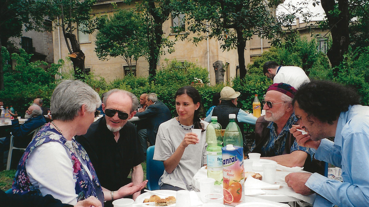 At the gathering of Mennonites and Catholics in Rome, Francesco is at the far right. From left are Marlene Kropf; Tom Ryan, an Irish priest; a Sant’Egidio community member; and Stanley Kropf, Marlene’s husband. — Marlene Kropf