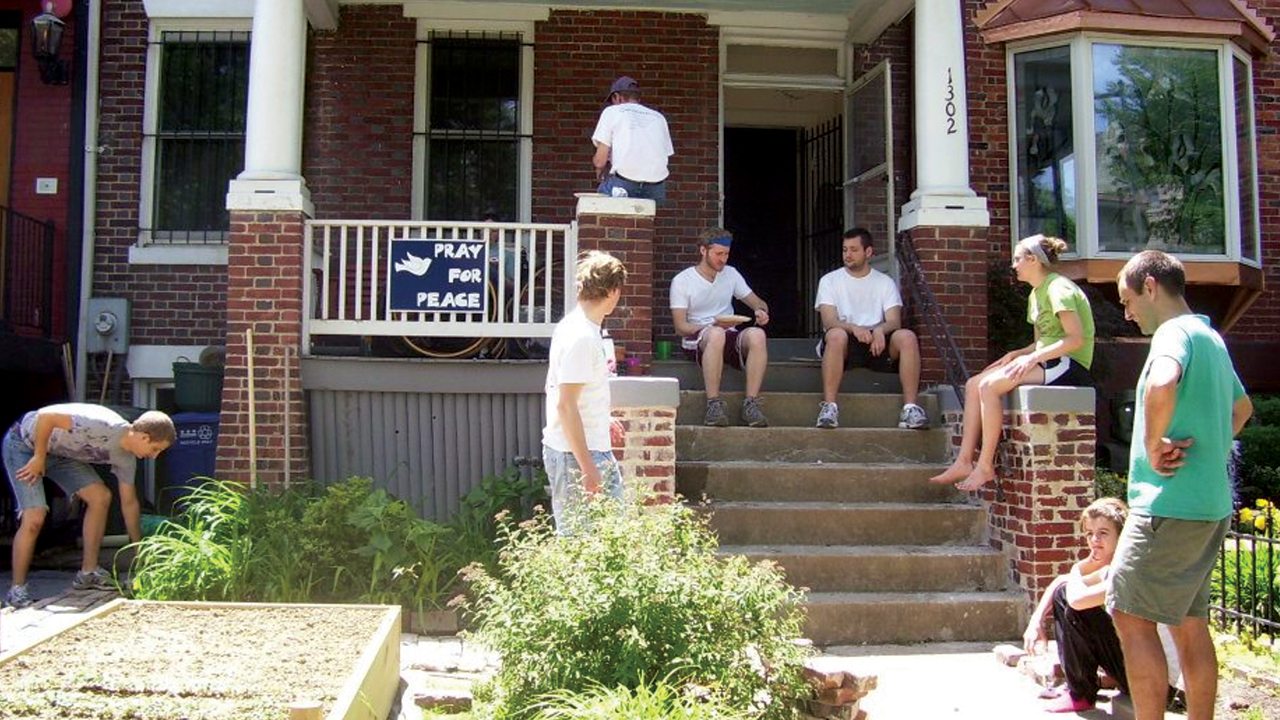Landon Short, Evan Trowbridge, Jordan Detwiler-Michelson, Alex Stucky, Denay Murray, Sarah Trowbridge and Wendell Landis from the unit’s support committee work on a gardening project in 2012 at the Mennonite Voluntary Service unit in Washington, D.C. — MVS Washington Unit