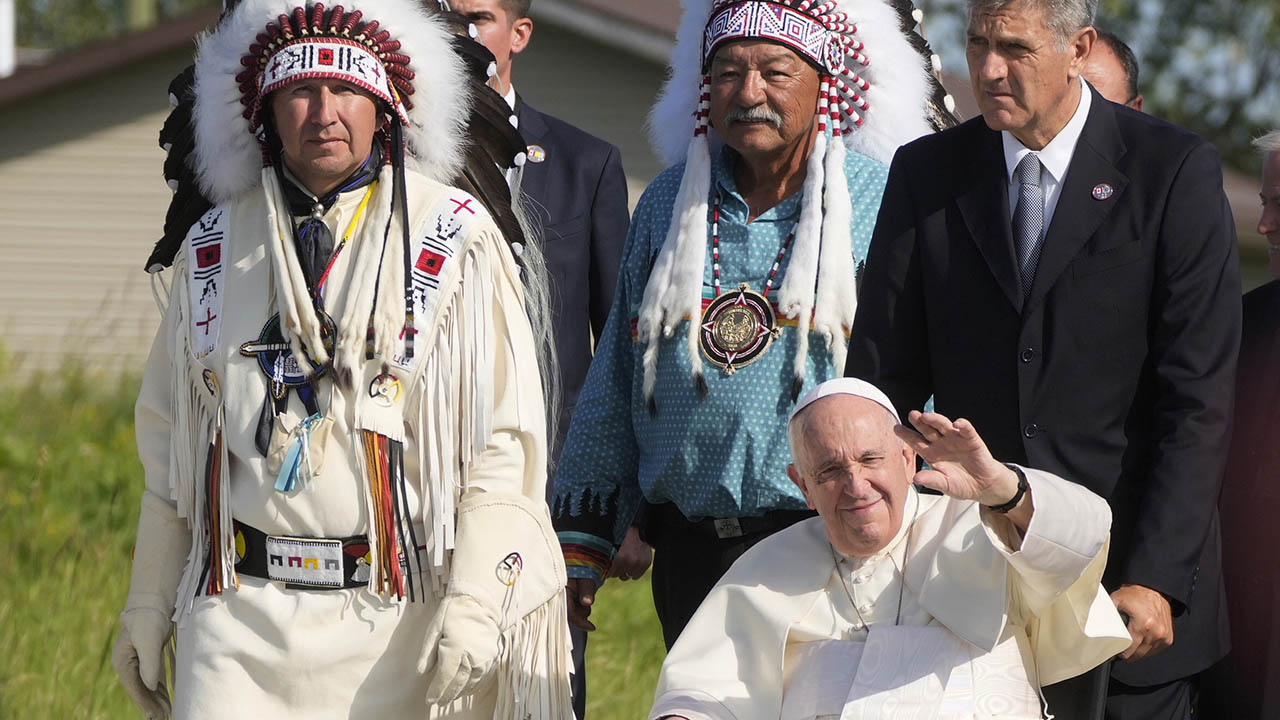 Pope Francis arrives in Lac Saint Anne, Alberta, on July 26 during his visit to Canada delivering apologies to Indigenous groups for the decades of abuse and cultural destruction they suffered at Catholic-run residential schools. — Gregorio Borgia/AP