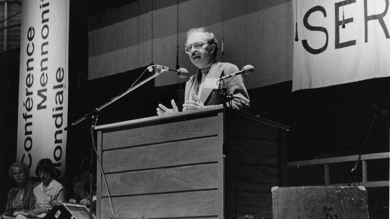 Ronald J. Sider speaks at the 1984 Mennonite World Conference assembly in Strasbourg, France. — Brethren in Christ Historical Library and Archives