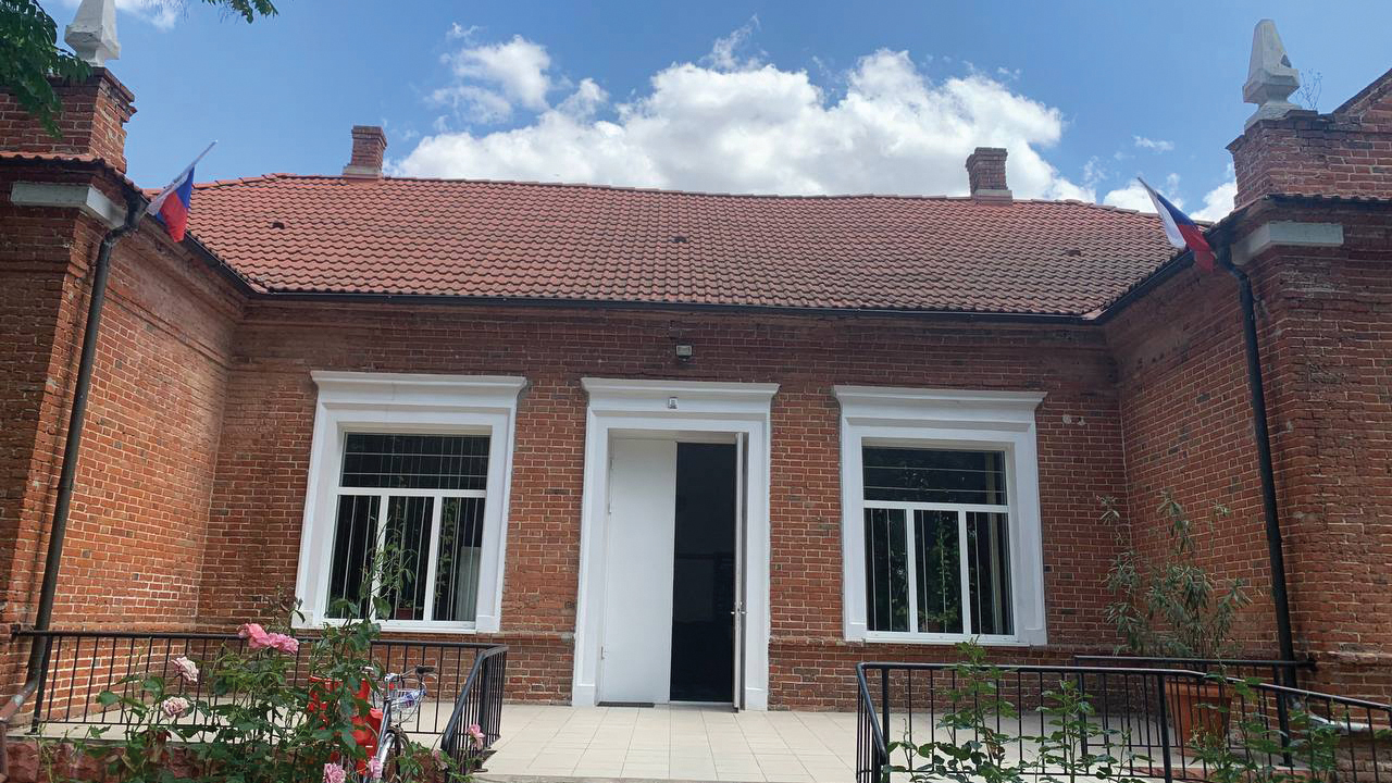 Russian flags adorn the Mennonite Centre in Molochansk, Ukraine. Occupying forces have given notice they will seize the property on Sept. 1. — Mennonite Centre in Ukraine