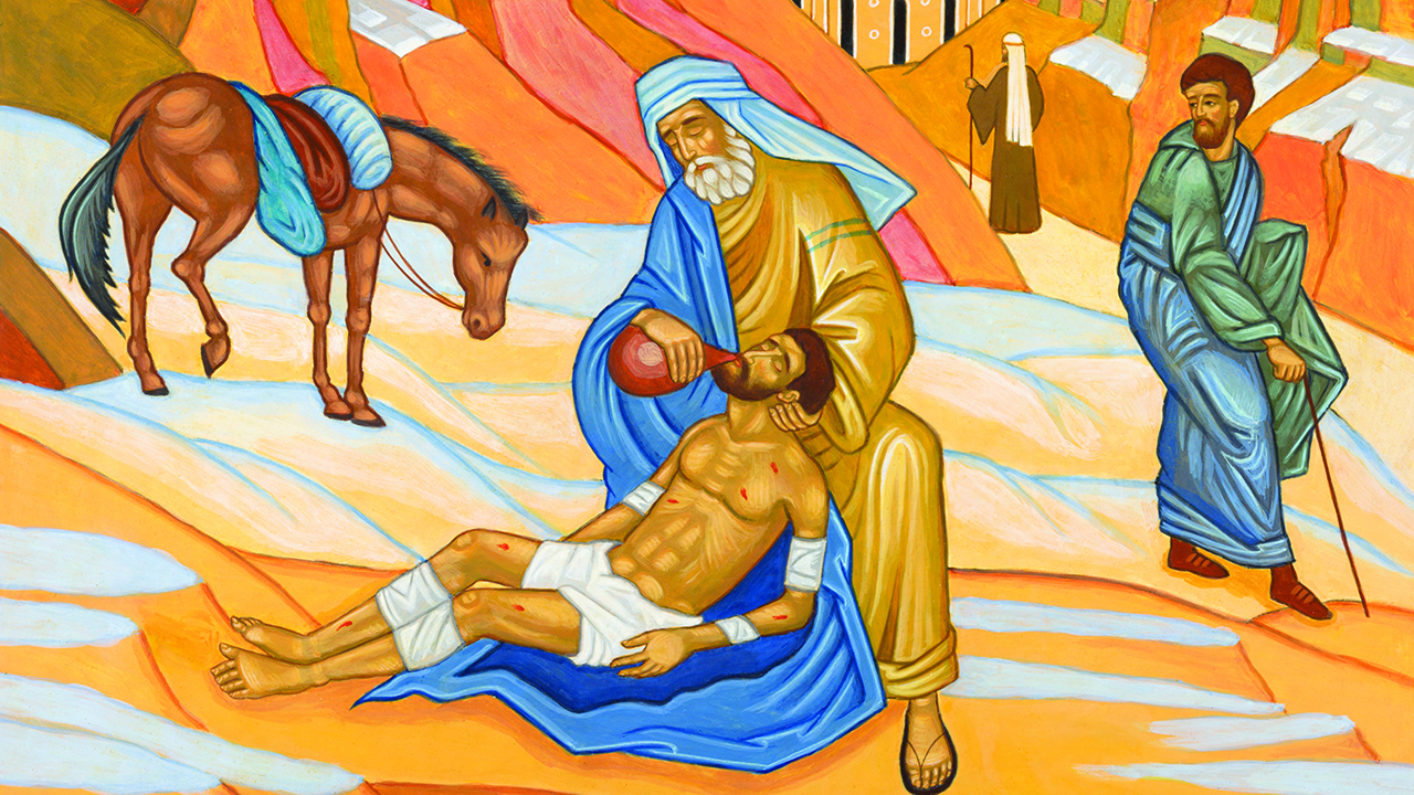 The Parable of the Good Samaritan, by Giovanni Paolo Bardini, in the Cathedral of St. Peter, Bologna, Italy. — Renáta Sedmáková/Adobe Stock Photo