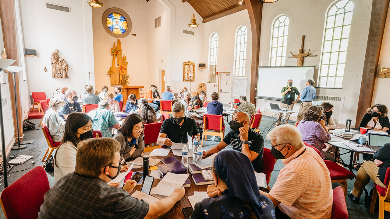 In the chapel at Casa Iskali retreat center in the Chicago suburb of Des Plaines, Ill., 45 people gathered Aug. 26-28 for a working conference to launch the Anabaptist Bible project. — Jace Longenecker/For MennoMedia