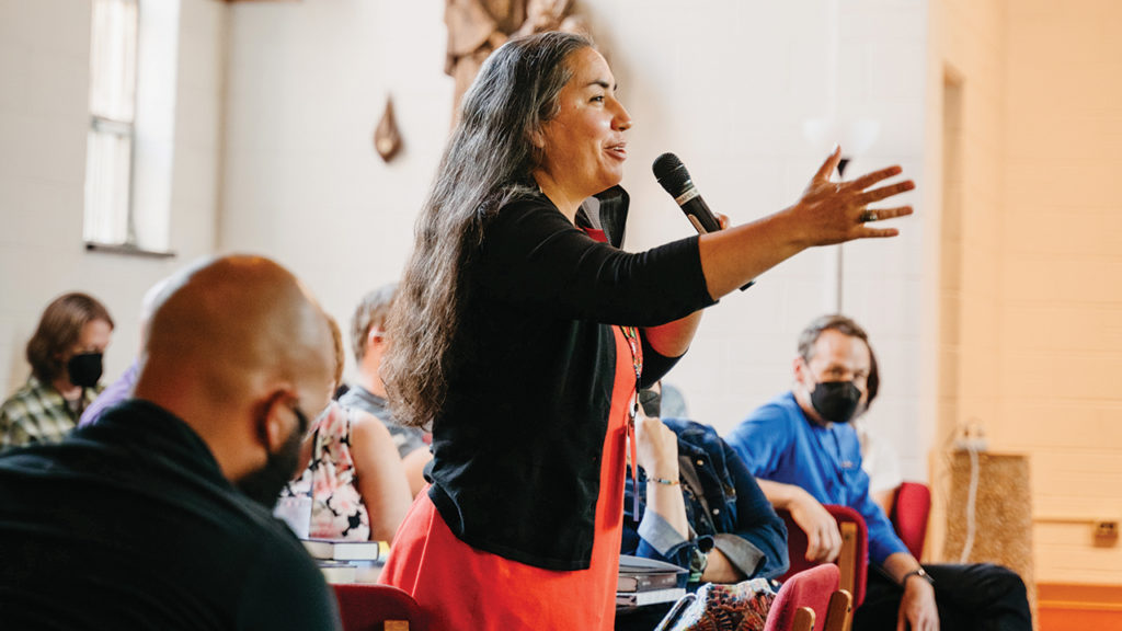 Sarah Augustine of White Swan, Wash., executive director of the Dismantling the Doctrine of Discovery Coalition, takes part in discussion during the Anabaptist Bible conference. — Jace Longenecker/For MennoMedia
