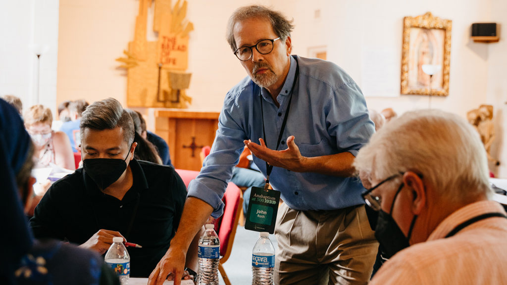 John D. Roth, project director of Anabaptism at 500, receives input on the Anabaptist Bible project from participants at a conference on Aug. 26-28 in Des Plaines, Ill. — Jace Longenecker for MennoMedia