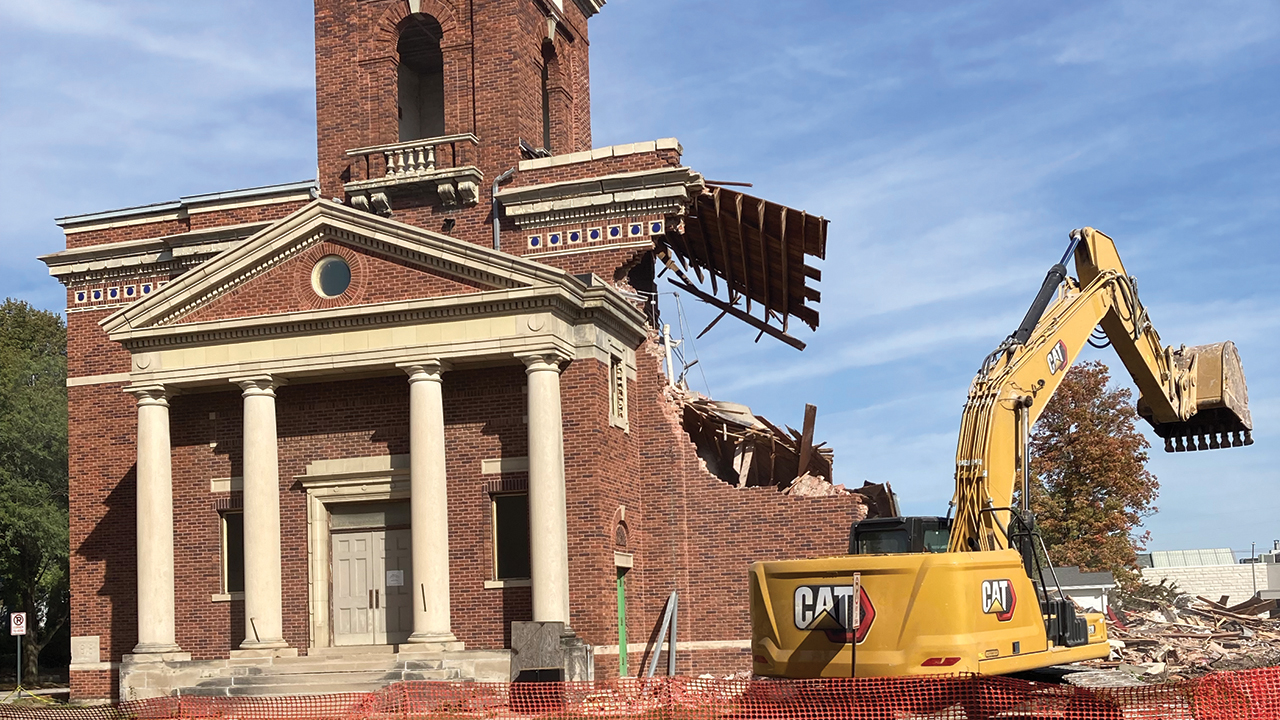 The former home of Cedar Falls Mennonite Church was demolished Oct. 4. The congregation sold the building about five years ago, and it will now make way for single-family housing. — Bob Brown/Cedar Falls Mennonite Church