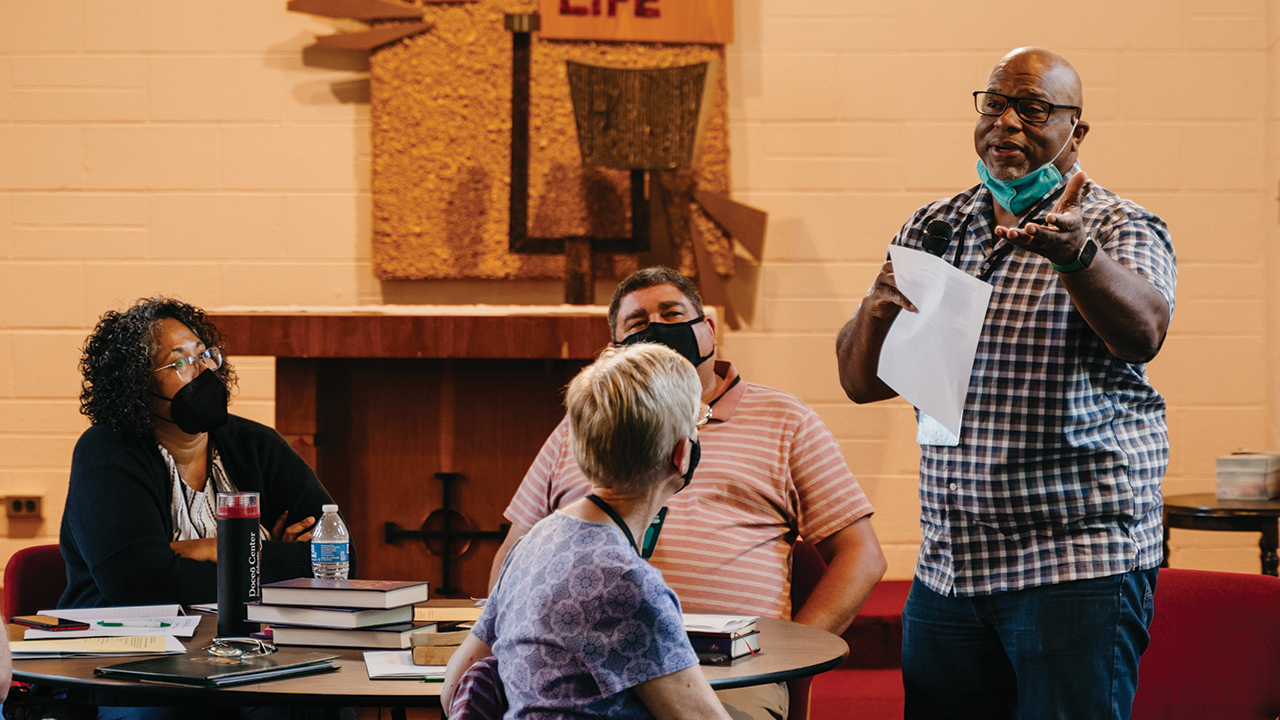 Dennis R. Edwards, who teaches at Northern Seminary in Lisle, Ill., takes part in discussion at the Anabaptist Bible conference. — Jace Longenecker/For Mennomedia
