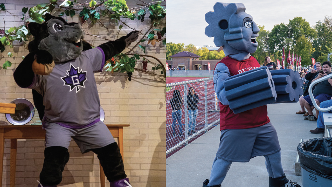Goshen College’s new mascot, Dash the black squirrel, left, and Bethel College’s new mascot, Threshy, will bring enthusiasm and large shoes to athletic and community events. — Goshen College and Bethel College