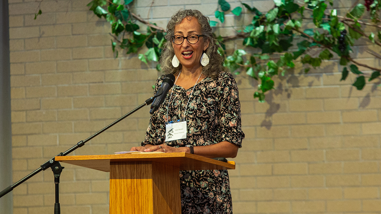 Sofia Samatar speaks at Goshen College on Sept. 30. — Julian Gonzalez/Goshen College