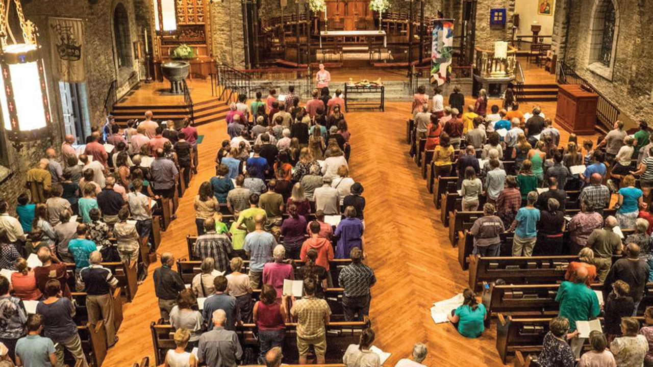 Pink Menno and the Brethren Mennonite Council for LGBT Interests hosted a worship service during the 2015 Mennonite Church USA convention in Kansas City, Mo. The event was held off-site at Grace and Holy Trinity Cathedral. “Queer people have been a constituency in an organized capacity for 50 years,” says Annabeth Roeschley. — Pink Menno