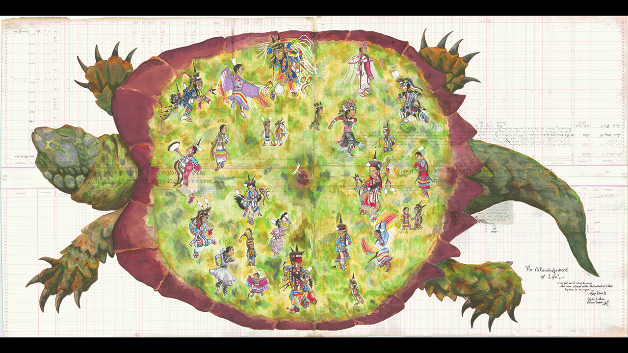 “An Acknowledgement of Life” by Tokeya Waci U is a work of Native American ledger art depicting dancers on the back of a turtle, a representation of universal connection to shared land. — Tokeya Waci U