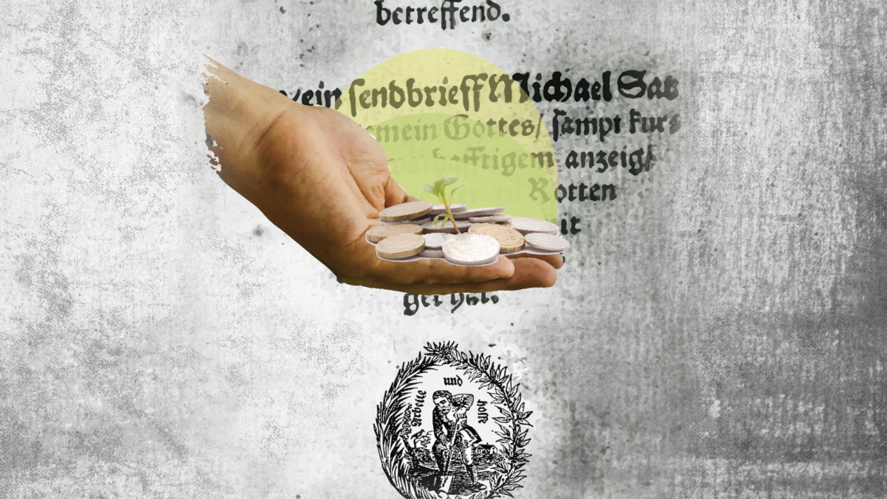 This image, “Hope Working,” was composed by Trevor Bechtel to provide imagery for the reparative act website, shalomcc.org/repair. It combines the title page of the 1527 Schleitheim Confession, an influential statement of Anabaptist beliefs, and a printer’s mark from Martyrs Mirror to symbolize tradition and its transformation. The foreground imagery suggests the possibility of modest offerings arising from monetary commitments. — Trevor Bechtel