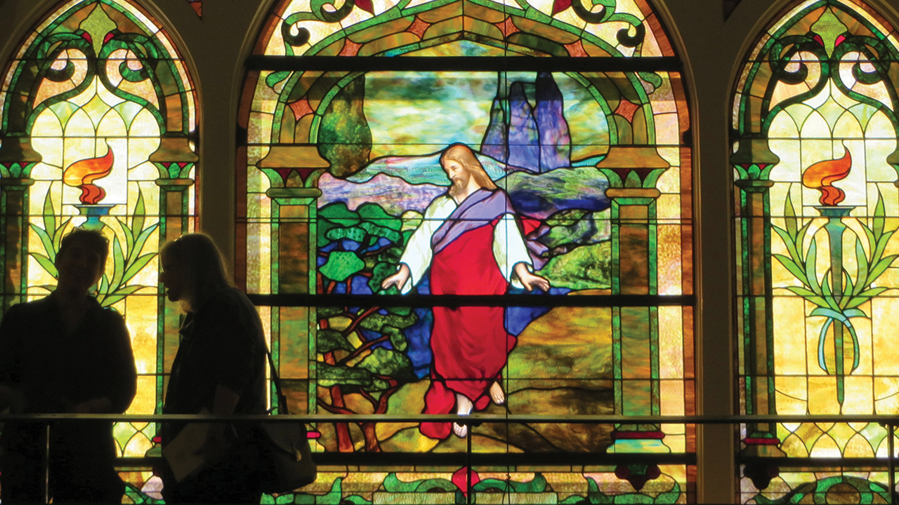 Rainbow Mennonite Church in Kansas City, Kan., is evaluating a stained-glass depiction of Jesus with white, European features in its sanctuary. — Ruth Harder