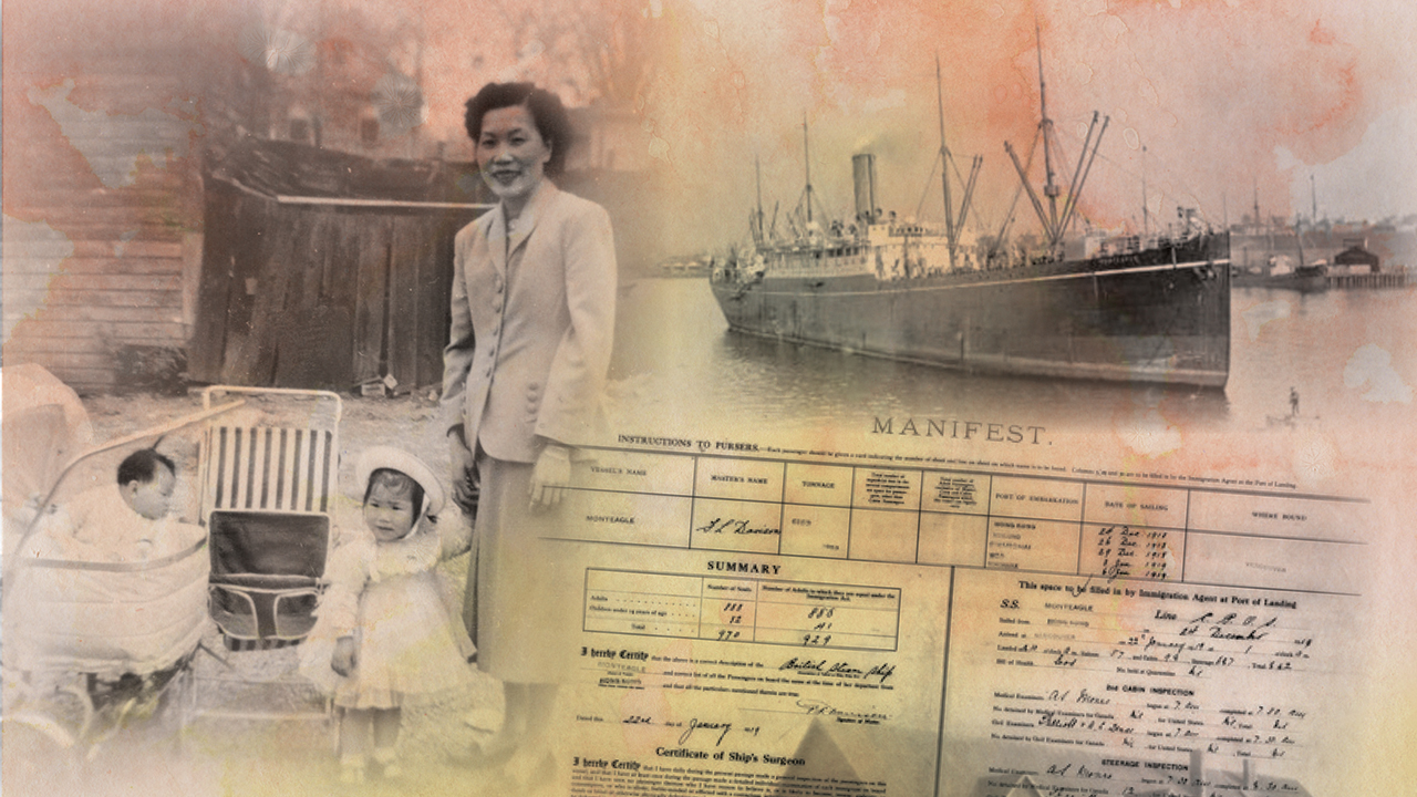 Lee May Hing with Jade, standing, and Jade’s sister, who chooses not to give her name here, in 1956. The Monteagle carried 800 Chinese immigrants, who were each documented on a ledger, this one showing Ging Gar Chew’s name. — Jade Nayler