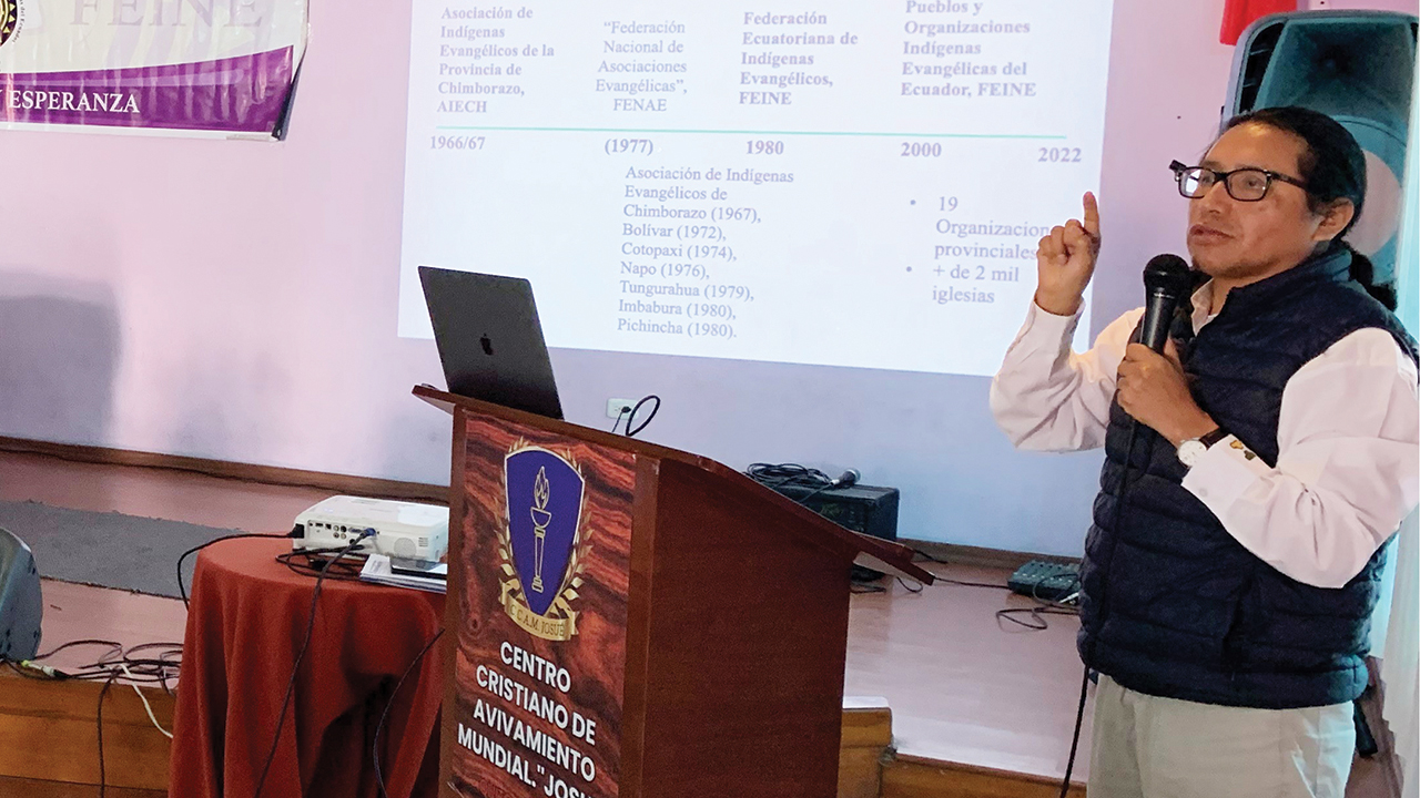 Julián Guamán, general secretary of Iglesia Cristiana Menonita de Ecuador, gives a presentation on the history of national uprisings in which the Indigenous organization FEINE was involved over the past 35 years. — Peter Wigginton/MMN