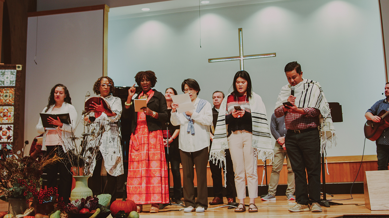 At the Mosaic Mennonite Conference assembly in November 2022, a team read Scripture in Haitian Creole, Spanish, English, Swahili, Cantonese, Indonesian and Vietnamese. From left: Lisa Quinones, Charlene Smalls, Mukarabe Makinto, Wendy Kwong, Graciella Odelia and Toan Nguyen. — Cindy Angela/Mosaic