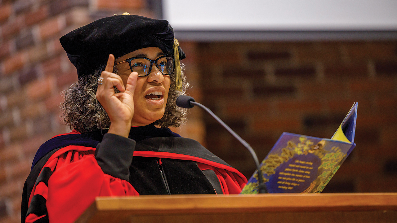 Malinda Elizabeth Berry, associate professor of theology and ethics at Anabaptist Mennonite Biblical Seminary, presents the charge to the graduates at AMBS’s commencement service in August 2020. — Peter Ringenberg/AMBS