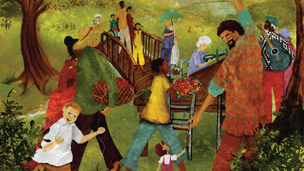 The Peace Table is a new children’s storybook Bible emphasizing peacemaking. It features the work of 30 artists to illustrate 140 stories. This illustration by LaTonya Jackson appears on an introductory page.