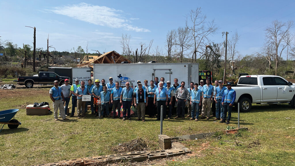 Christian Aid Ministries volunteers cleaned up debris in West Point, Ga., after a tornado destroyed dozens of homes on March 26. There were 32 confirmed tornadoes in Georgia by April 7. The state usually has 25 to 30 per year. — Christian Aid Ministries