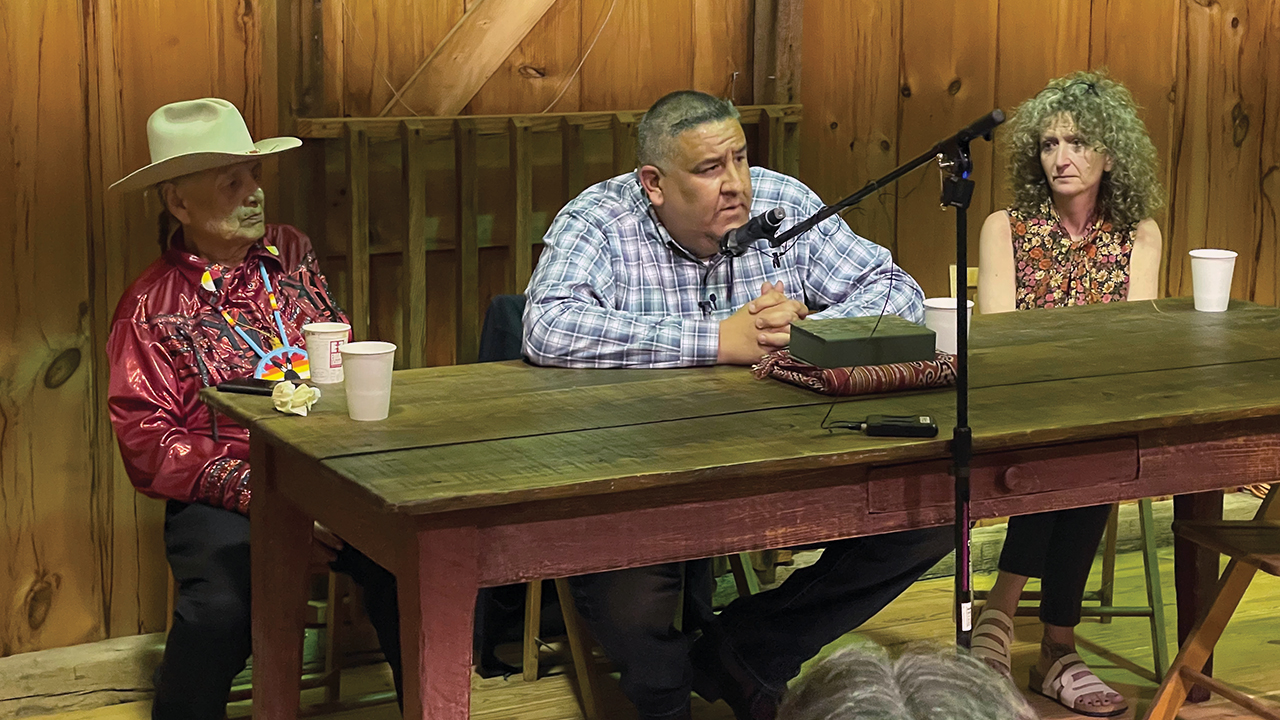 Lenape Chief Brad KillsCrow, center, speaks at the Mennonite Heritage Center, with tribal elder John Thomas, left, and tribal historic preservation officer Susan Bachor. — David Peters
